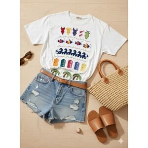 BECHAMEL II Vtg Women's White 3X Beach Scene Embroidered‎ Cotton T Shirt Tee